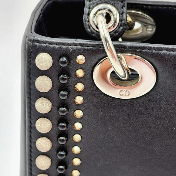 CHRISTIAN DIOR Black Leather Studs Embellished Medium Lady Dior Tote RARE - Picture 8 of 17